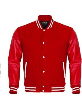 Men’s Red Genuine Leather Sleeve Varsity Letterman Jacket